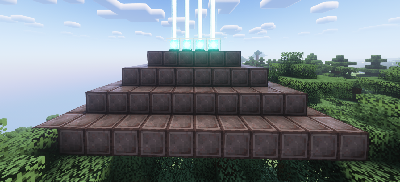 A floating 4-tier beacon pyramid in Minecraft, constructed with netherite blocks and emitting multiple bright light beams.