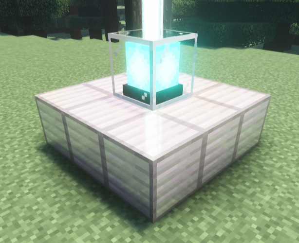 A Minecraft beacon placed on a 3x3 iron block base, emitting a bright light beam into the sky.