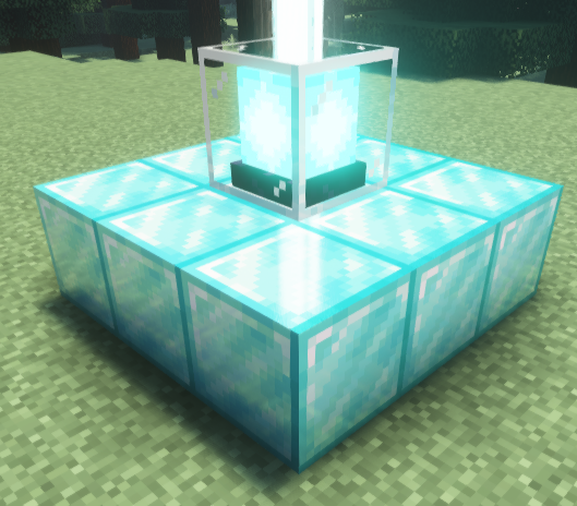 A Minecraft beacon placed on a 3x3 diamond block base, emitting a bright light beam into the sky.