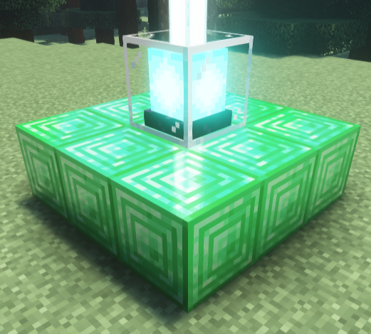 A Minecraft beacon placed on a 3x3 emerald block base, emitting a bright light beam into the sky.