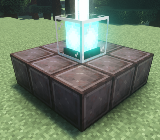 A Minecraft beacon placed on a 3x3 netherite block base, emitting a bright light beam into the sky.