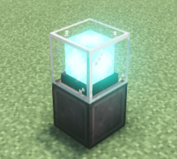 A Minecraft beacon placed on a single netherite block, emitting a bright light beam into the sky.