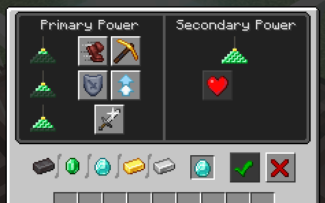 The interface of a fully powered Minecraft beacon, showing options for Primary Powers such as Speed, Haste, Resistance, Jump Boost, and Strength, and Secondary Power options including Regeneration or Level 2 upgrades. A diamond is selected as the payment item.