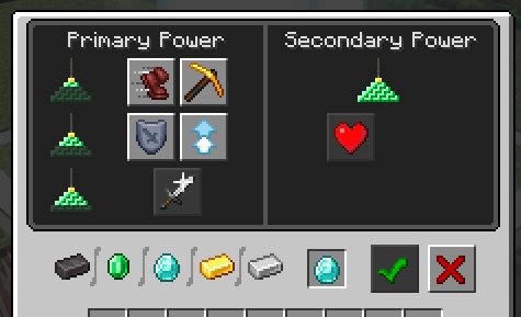 The interface of a Minecraft beacon, showing Primary Power options including Speed, Haste, Resistance, Jump Boost, and Strength. The Secondary Power option shows Regeneration or upgrading the primary effect. A diamond is selected for activation, with the checkmark highlighted to confirm.