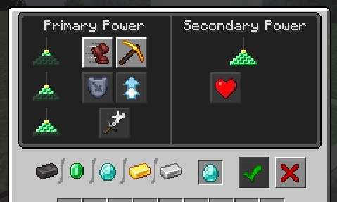 The interface of a Minecraft beacon showing the selection of Primary Powers (Speed, Haste, Resistance, Jump Boost, or Strength) and the Secondary Power options (Regeneration or a Level 2 upgrade). A diamond is chosen as the payment item, with the confirmation checkmark highlighted.