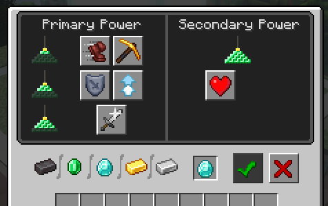 The interface of a Minecraft beacon with Primary Power options (Speed, Haste, Resistance, Jump Boost, and Strength) and Secondary Power options (Regeneration or upgrading a Primary Power to Level 2). A diamond is selected for activation, with the green checkmark highlighted to confirm the choice.