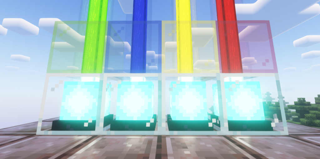 Minecraft beacons emitting colored beams (green, blue, yellow, and red) with stained glass placed above them, set against a bright sky.