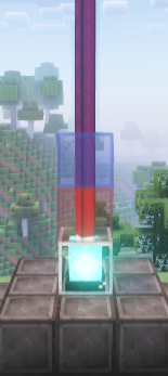 A Minecraft beacon emitting a purple beam, created by stacking red and blue stained glass above it, with a forested background.