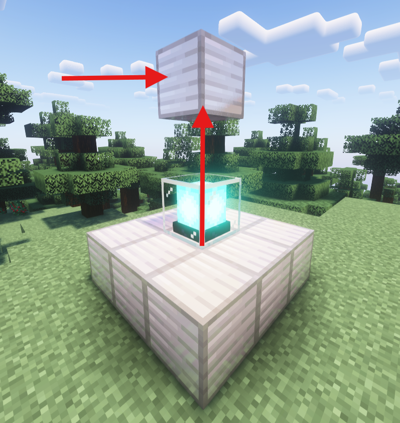 A Minecraft beacon on a 3x3 iron block base, with a floating iron block above it, and red arrows pointing from the beacon to the floating block, illustrating an interaction or placement.