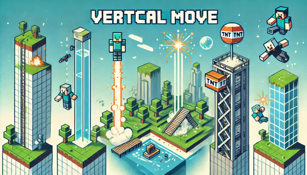 A colorful Minecraft-style illustration showcasing different vertical movement methods, including Elytra flight, TNT launchers, water elevators, and more, with 'Vertical Move' text in the center.