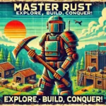 A retro gaming-style vintage poster featuring a Rust survivor in armor holding a pickaxe, surrounded by green forests, wooden bases, and a bright blue sky with stylized clouds. The text at the top reads 'Master Rust – Explore, Build, Conquer!' in bold, retro-futuristic typography.