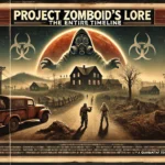 A vintage-style poster for 'Project Zomboid's Lore - The Entire Timeline.' The image features a dark, eerie landscape with abandoned houses, a quarantine zone, and a massive figure in a gas mask looming over a red moon. Soldiers in hazmat suits patrol the area, while biohazard symbols frame the design, evoking a classic survival horror aesthetic.