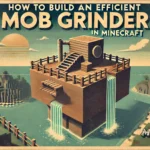 A vintage-style Minecraft poster featuring a floating drop-style mob grinder over an ocean biome. The structure has a wooden platform, fences, water streams, and a bold retro title reading 'How to Build an Efficient Mob Grinder in Minecraft.' The background includes pixelated clouds, a sunset, and distant islands.