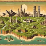 A vintage-style illustrated map of an epic Minecraft-inspired landscape, featuring castles, a city, mountains, and rivers, enclosed by a decorative border.