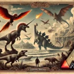 A vintage-style illustrated map of ARK: Survival Evolved's rarest creatures, featuring a Phoenix, Unicorn, Titanosaur, and Zombie Wyvern in a dramatic prehistoric landscape with ornate borders.