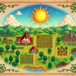 A vintage-style illustrated map inspired by Stardew Valley, featuring a bright sun, blue skies, a farmhouse, green fields, and a decorative border resembling an old map.