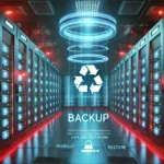 A futuristic server room with glowing blue and red lights, showcasing a holographic backup system. A large digital "Backup" interface is displayed in the center, emphasizing secure data restoration and reliability.