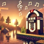 Minecraft jukebox playing music in a serene blocky landscape at sunset, with floating musical notes and a nostalgic atmosphere.