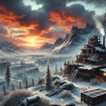 A rugged, post-apocalyptic winter landscape inspired by Rust. A makeshift base made of wood and stone sits in a snowy terrain, with a fiery sunrise casting orange and red hues over distant mountains. The scene evokes an intense, immersive survival atmosphere.