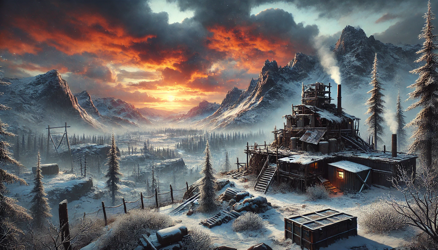 A rugged, post-apocalyptic winter landscape inspired by Rust. A makeshift base made of wood and stone sits in a snowy terrain, with a fiery sunrise casting orange and red hues over distant mountains. The scene evokes an intense, immersive survival atmosphere.