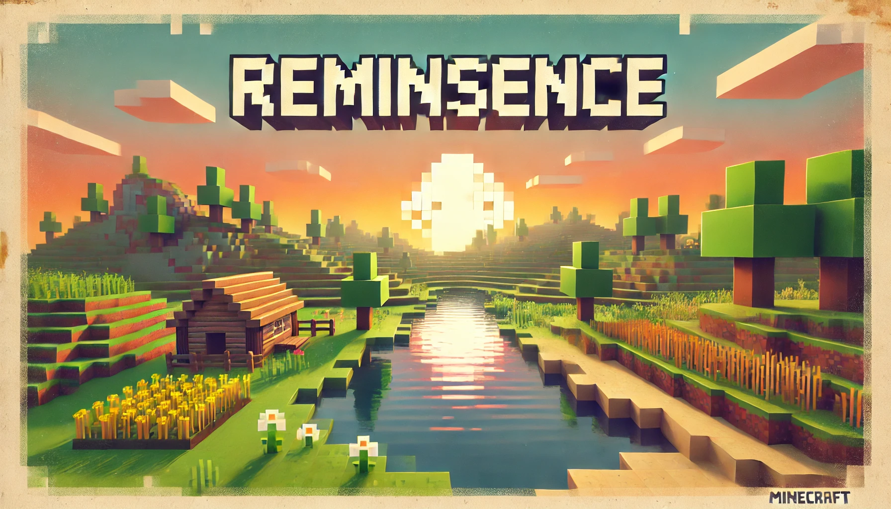 A nostalgic Minecraft Beta-style landscape featuring blocky terrain, a small wooden house, a farm, and a river reflecting a pixelated sunset. The word 'Reminiscence' appears in large, retro pixelated font in the center, evoking old-school Minecraft aesthetics.