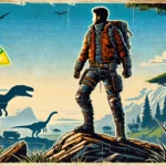 A comic book-style illustration of a rugged survivor standing on a rocky outcrop, overlooking a prehistoric landscape with dinosaurs, trees, and mountains under a bright blue midday sky. The 'Ark: Survival Evolved' logo is in the corner.