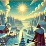 A retro gaming and vintage poster-style illustration of a Viking village in a snowy winter biome. A Viking warrior with a fur-lined cloak and axe overlooks the frozen river and wooden houses, surrounded by tall pine trees under a bright blue sky.