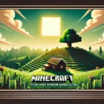 A vintage-style Minecraft-inspired landscape poster featuring grassy hills, a large tree, and a small wooden house under a glowing square sun. The pixel-art aesthetic gives it a retro, cinematic feel.