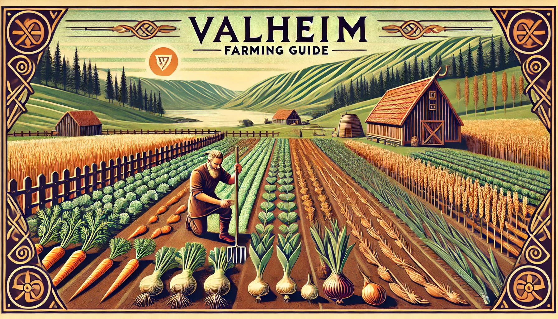 A vintage-style poster of a Viking farming scene in Valheim, featuring a well-organized crop field with carrots, turnips, onions, barley, and flax. A Viking character is tending the farm with a cultivator tool, while a wooden farmhouse and rolling hills create a Nordic-inspired background. The text 'Valheim Farming Guide' is displayed in the center.