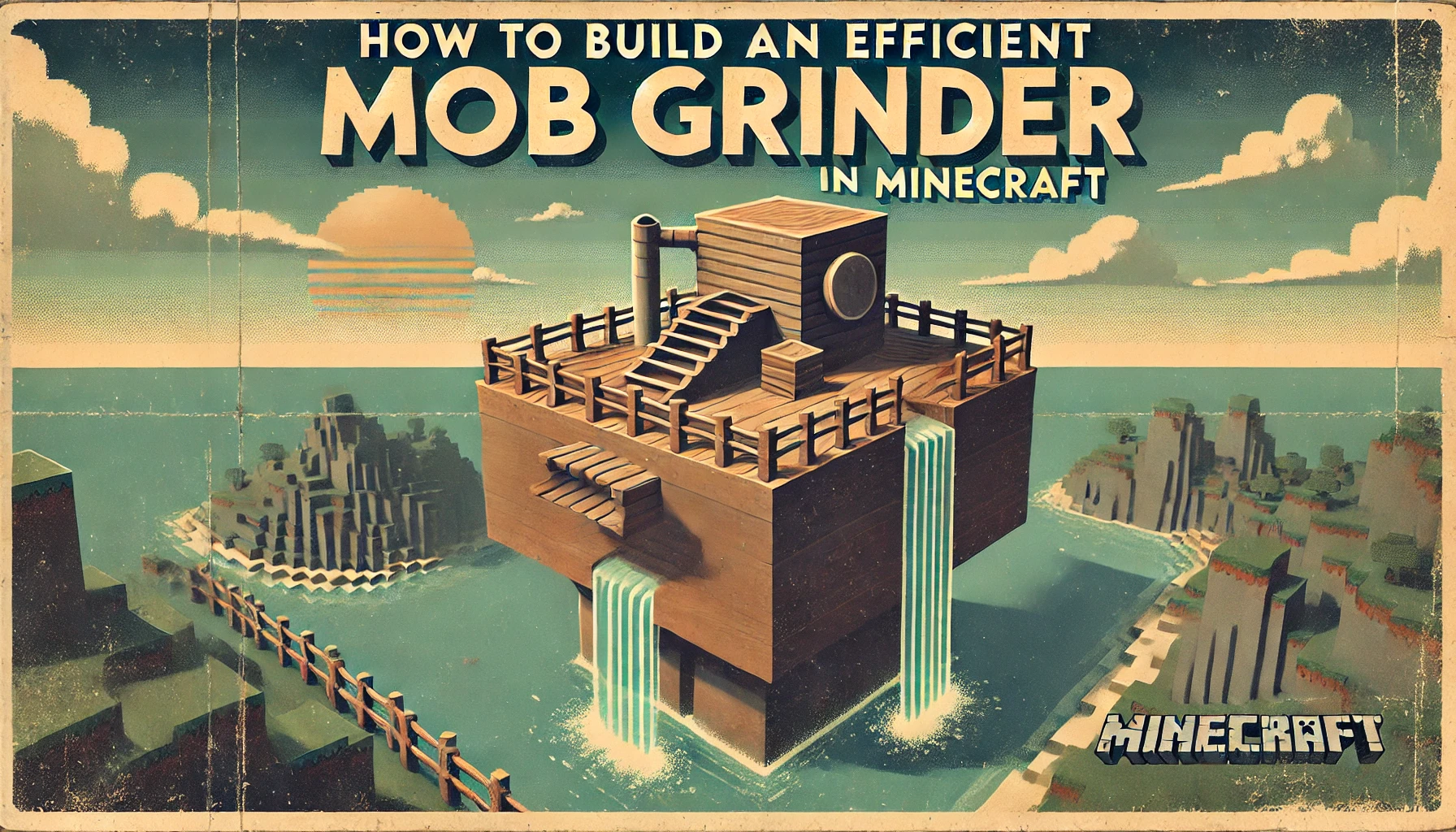 A vintage-style Minecraft poster featuring a floating drop-style mob grinder over an ocean biome. The structure has a wooden platform, fences, water streams, and a bold retro title reading 'How to Build an Efficient Mob Grinder in Minecraft.' The background includes pixelated clouds, a sunset, and distant islands.