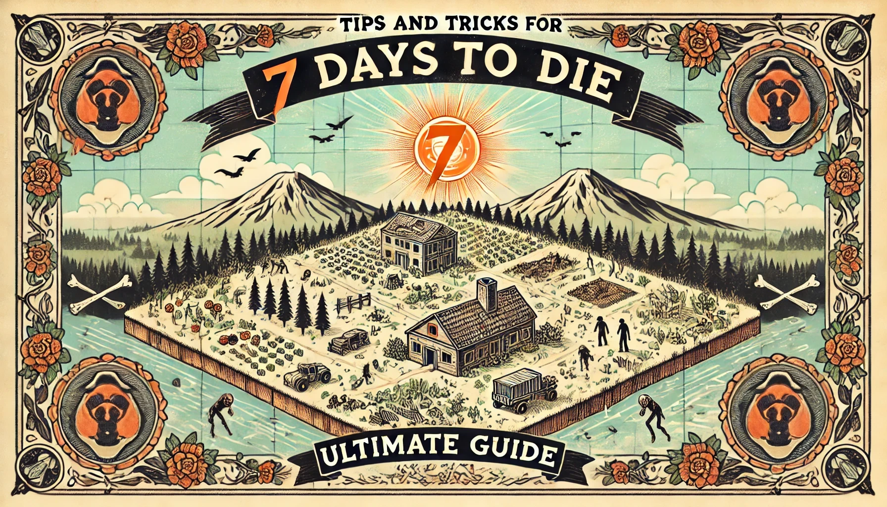 A vintage-style illustrated map for a 7 Days To Die guide. It features a post-apocalyptic survival theme with a bright sun, abandoned buildings, zombies, and a decorative cartography-style border.
