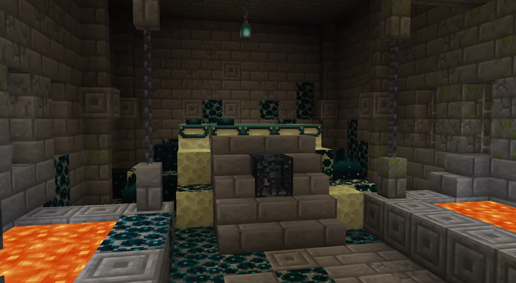 A redesigned End Portal room from the Project ReDev Minecraft mod, featuring new sculk-themed decorations, improved stone textures, and an enhanced dungeon-like atmosphere.