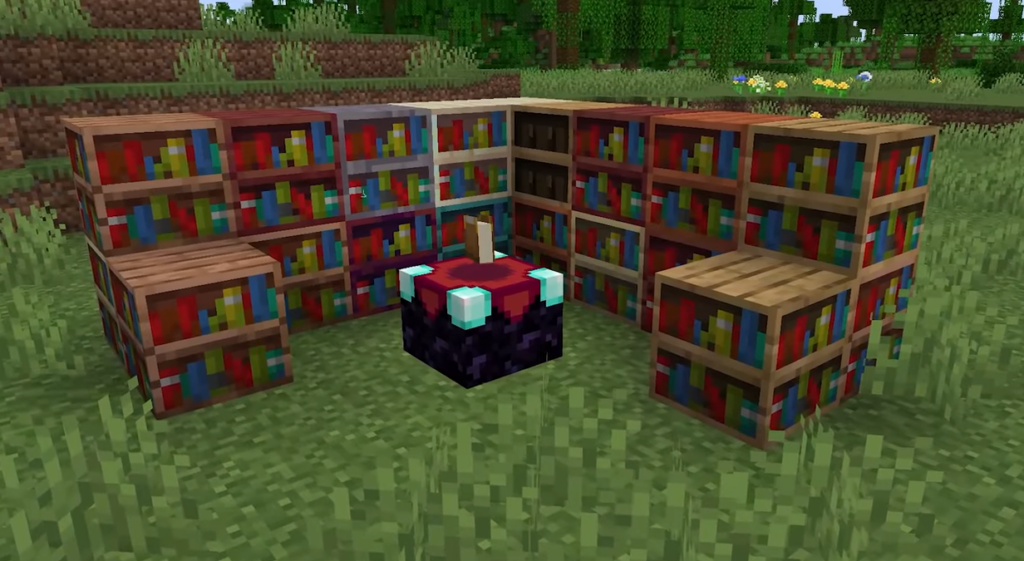 An enchanting table surrounded by new bookshelf variants from the Project ReDev Minecraft mod, set in a grassy outdoor area.