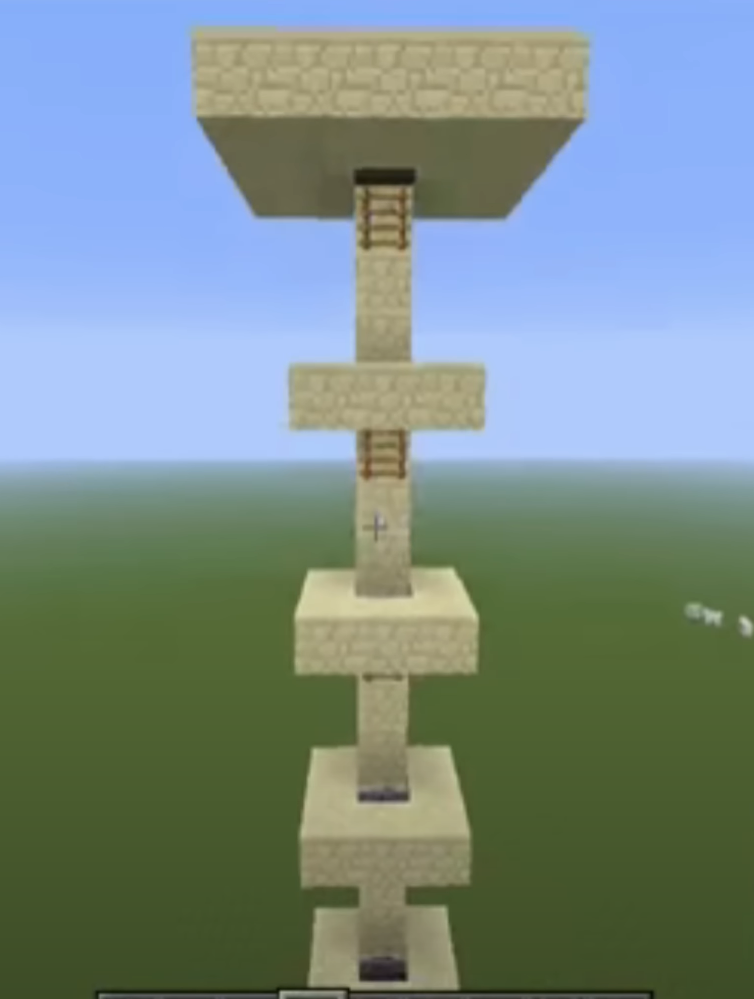 Minecraft vertical movement ladder system with trapdoors and sandstone platforms.