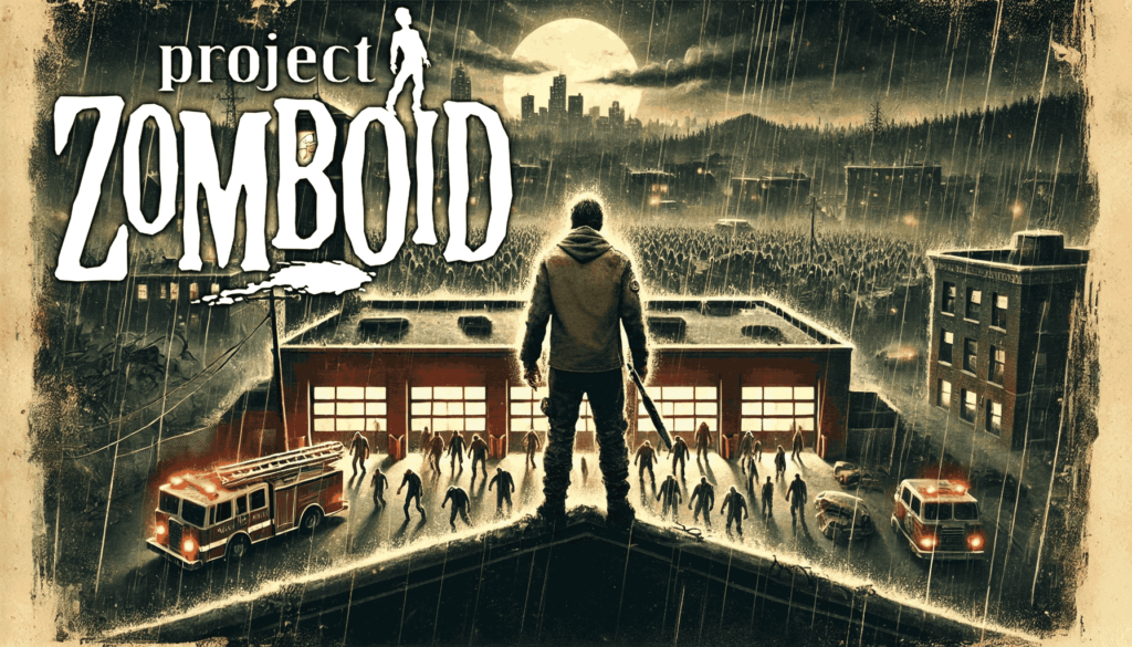 A lone survivor stands on the rooftop of a fire station at night, gripping a melee weapon, while a massive horde of zombies gathers below. The scene has a vintage poster aesthetic, with rain pouring down and a distant, eerie city skyline in the background. The fire station is dimly lit, with emergency vehicles parked outside, their lights glowing in the darkness. The atmosphere is tense, evoking a desperate struggle for survival.