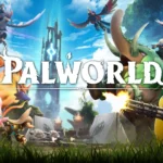 A vibrant action-packed promotional image for Palworld, featuring various Pals and human characters in battle. A large futuristic tower with glowing blue energy stands in the background, while Pals and players wield weapons and engage in combat. The game's title, "PALWORLD," is prominently displayed in the center.