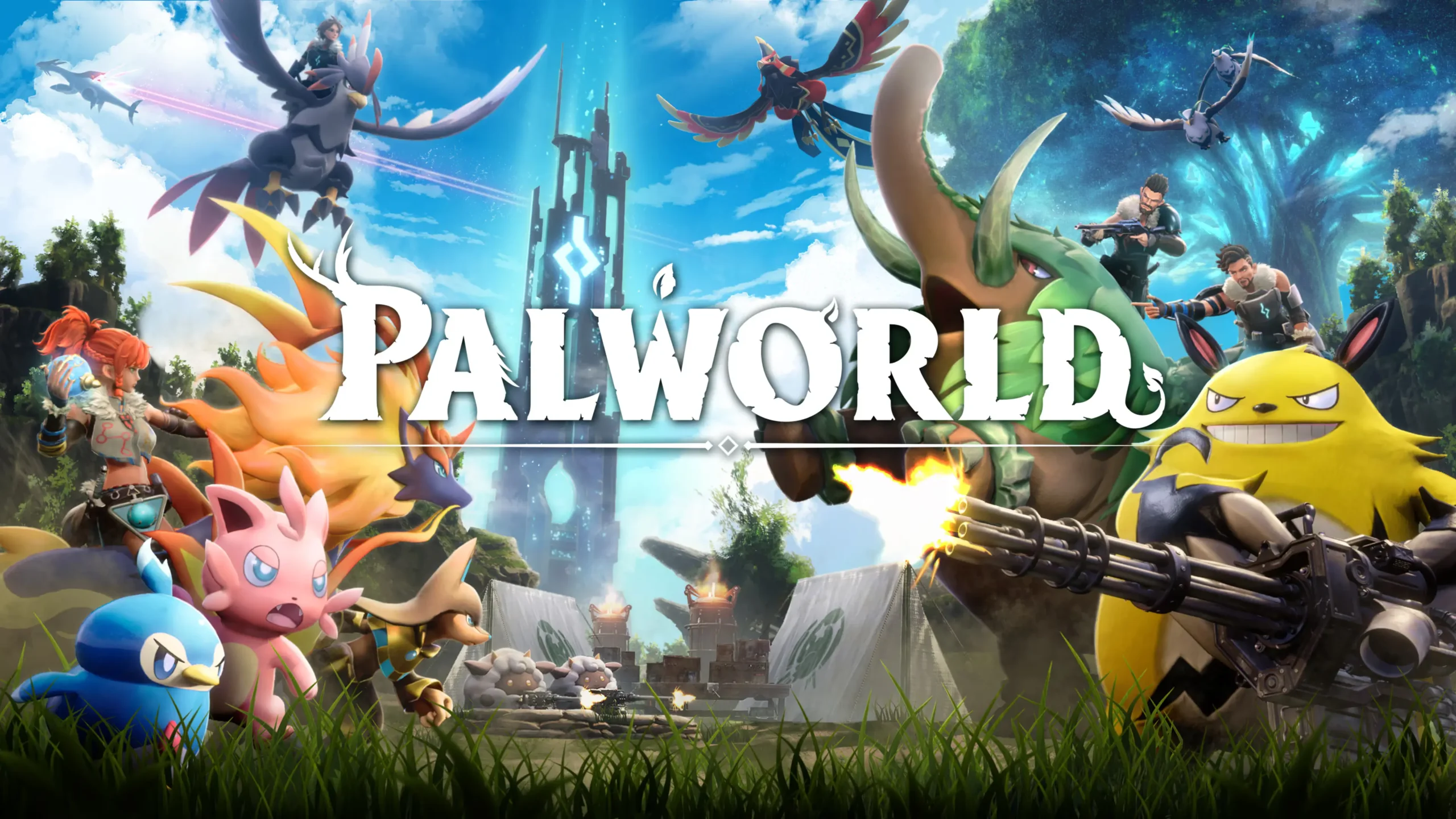 A vibrant action-packed promotional image for Palworld, featuring various Pals and human characters in battle. A large futuristic tower with glowing blue energy stands in the background, while Pals and players wield weapons and engage in combat. The game's title, "PALWORLD," is prominently displayed in the center.