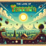 A vintage-style illustrated image inspired by Terraria, featuring a bright sun, floating islands, pixel-art landscapes, NPC houses, underground caverns, and various game elements, evoking the fantasy and adventure of Terraria's lore.