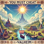 A vintage-style illustration inspired by Valheim, featuring a Viking village with wooden houses, a river with a longboat, lush forests, and a towering mountain under a bright midday sun. The image includes subtle decorative borders and game elements.