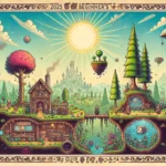 A vintage-style illustrated image inspired by Terraria, featuring floating islands, underground caverns, NPC houses, and a colorful landscape with adventure-ready characters. The image captures a bright midday setting with subtle decorative borders.