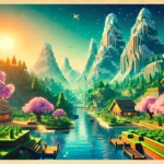 A colorful, vintage-style Minecraft landscape featuring a bright blue midday sky, snow-capped mountains, a river flowing between two villages, and vibrant cherry blossom trees. The scene is rich with blocky terrain, cozy wooden houses, and lush greenery, resembling an in-game screenshot.