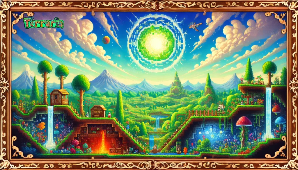 A vibrant, vintage-style Terraria-inspired landscape framed with ornate wooden borders, resembling a painting. The scene includes bright blue skies, pixel-art terrain, underground caverns, and biomes blending together. Small NPC characters explore the lush greenery, waterfalls, and glowing underground areas. The image features a large glowing energy portal in the sky, adding a mystical touch.