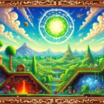 A vibrant, vintage-style Terraria-inspired landscape framed with ornate wooden borders, resembling a painting. The scene includes bright blue skies, pixel-art terrain, underground caverns, and biomes blending together. Small NPC characters explore the lush greenery, waterfalls, and glowing underground areas. The image features a large glowing energy portal in the sky, adding a mystical touch.