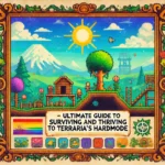 Vintage-style Terraria game scene with vibrant colors, pixel art trees, wooden frame borders, and the title "Ultimate Guide to Surviving and Thriving in Terraria's Hardmode".