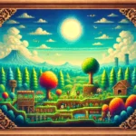 A vintage-style Terraria-themed painting with wooden borders and ornate corners. The bright blue midday sky contrasts with a colorful pixelated landscape featuring Terraria game elements like trees, structures, and underground areas.
