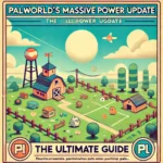 A vintage-style Palworld-inspired illustration featuring a colorful farm-like base with Pals roaming around, a barn, trees, and various game elements. The image resembles an in-game scene with a simple and clean aesthetic.