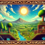 A vintage-style Terraria landscape featuring pixel-art terrain, lush greenery, and creative player-built structures. The image is framed with ornate wooden borders, resembling a classic painting, and captures a bright midday scene with a vibrant blue sky.