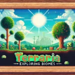 Vintage-style Terraria blog post featured image, colorful pixelated midday scene, wooden borders, vibrant retro game elements.