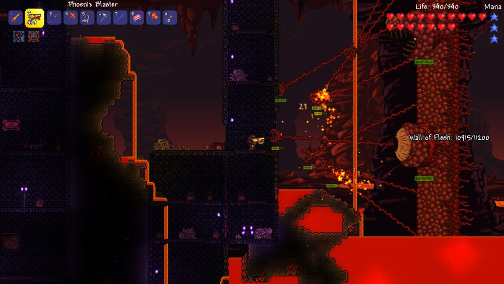 Boss battles in Terraria are a thrill, especially with friends. Here we're engaging the Wall of Flesh, a gigantic boss that unlocks Hardmode. Coordination and teamwork in multiplayer make fights like this even more exciting (and far less punishing when you have backup!).