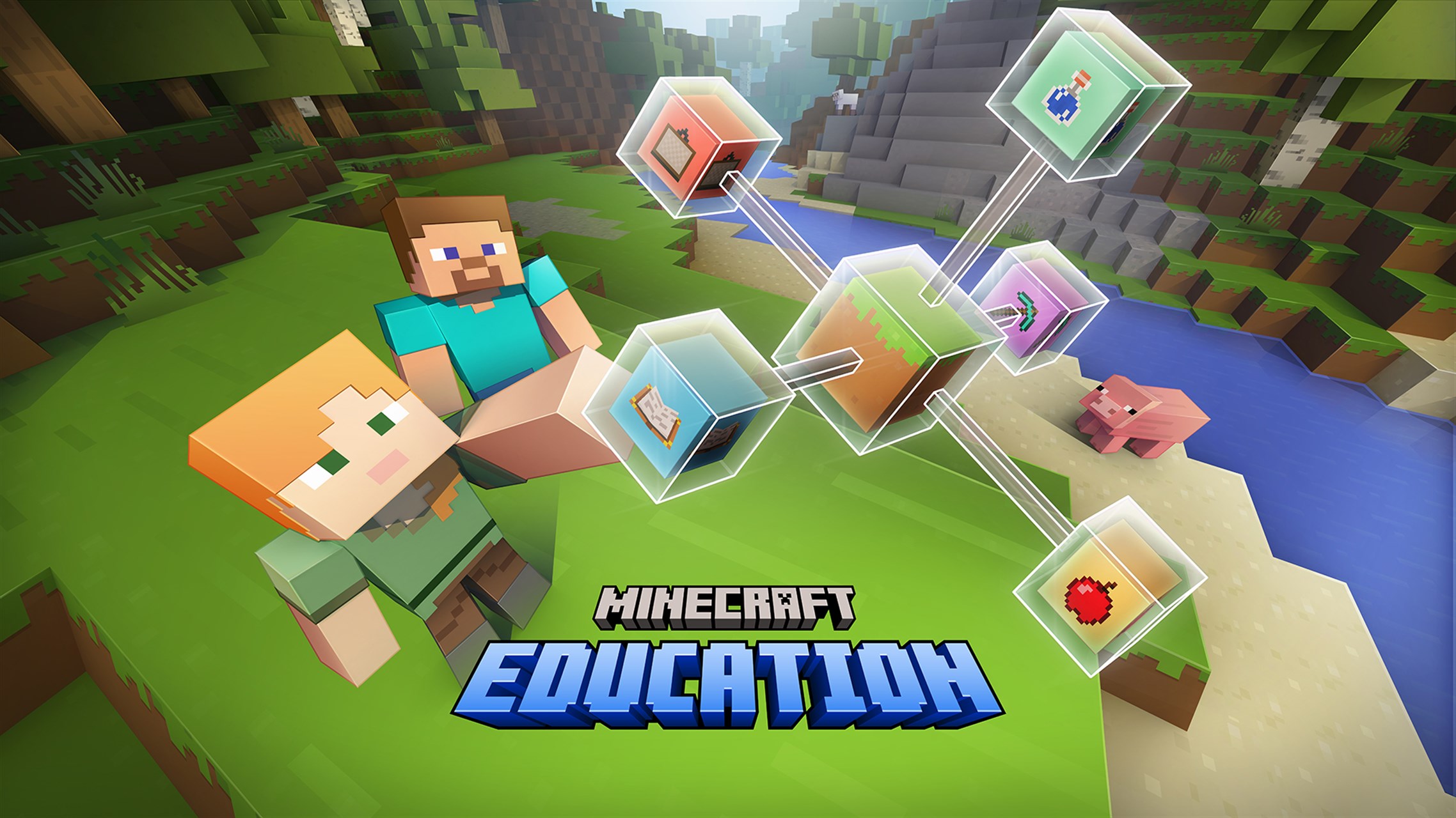 Minecraft Education promotional image featuring Steve and Alex sitting on the grass in a blocky, vibrant landscape. Floating educational icons, such as a book, potion, and apple, connect to a central cube. A pig stands near a river in the background.